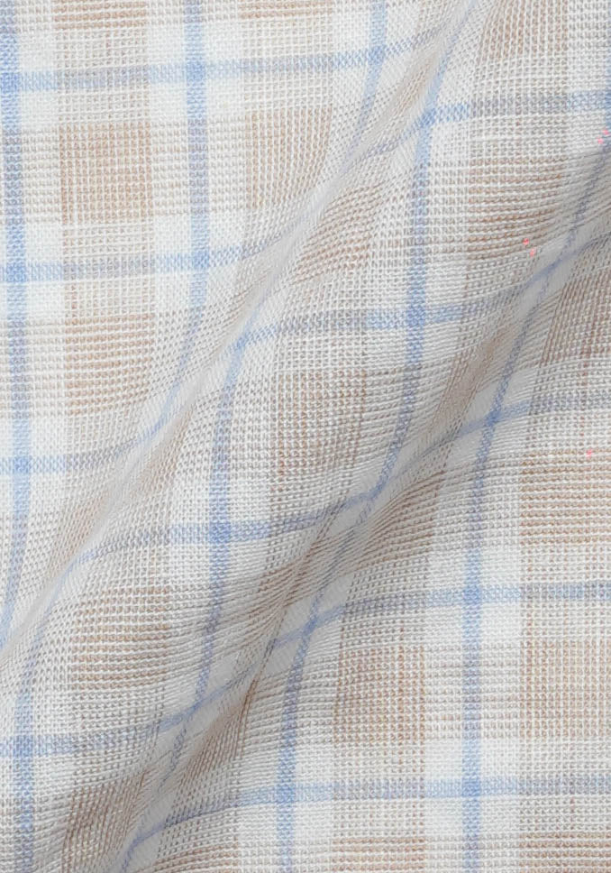 Beige Blue Tartan Cotton Linen