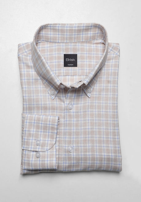 Beige Blue Tartan Cotton Linen Shirt