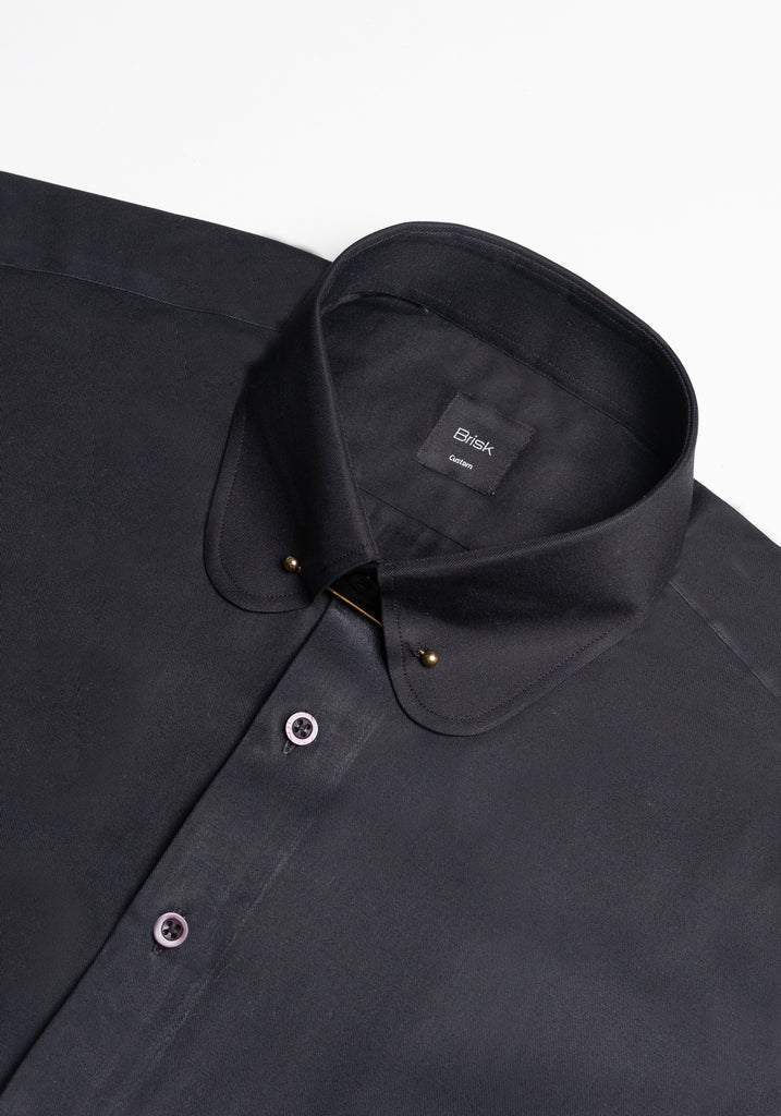 Black Twill Pima Cotton Shirt - Club Collar With Golden Pin Collar