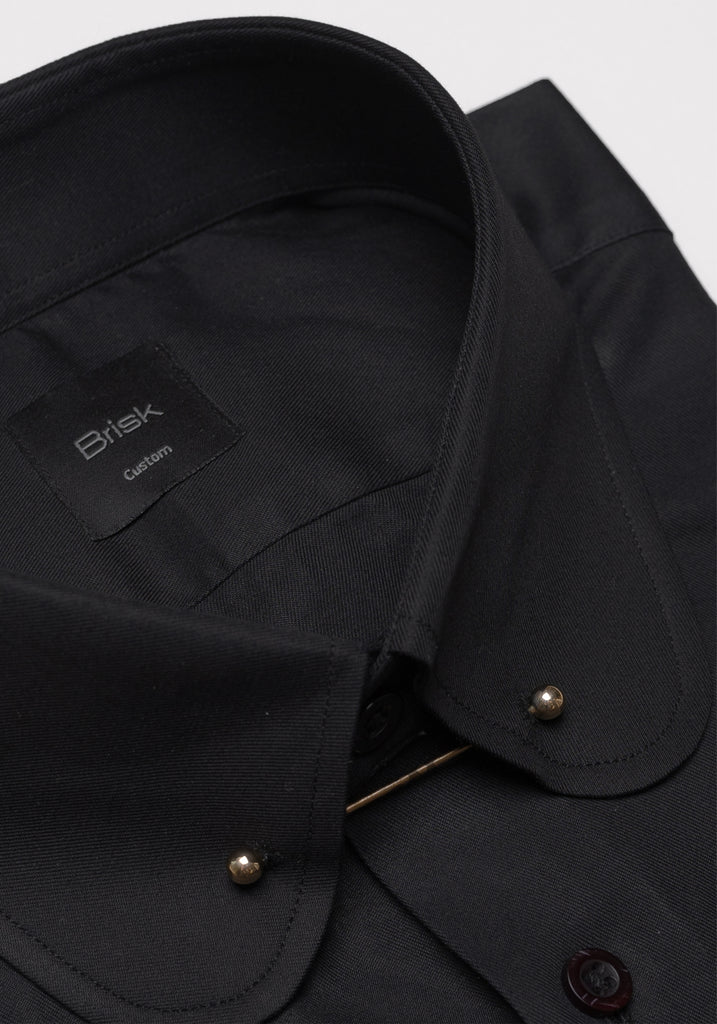Black Twill Pima Cotton Shirt - Club Collar With Golden Pin Collar