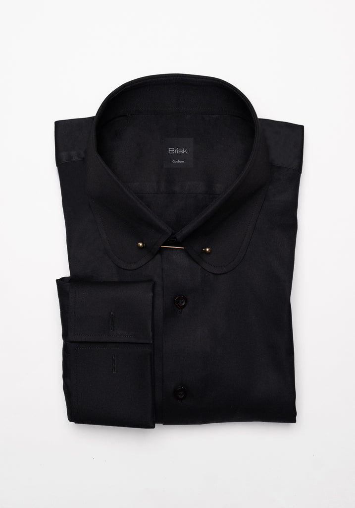 Black Twill Pima Cotton Shirt - Club Collar With Golden Pin Collar