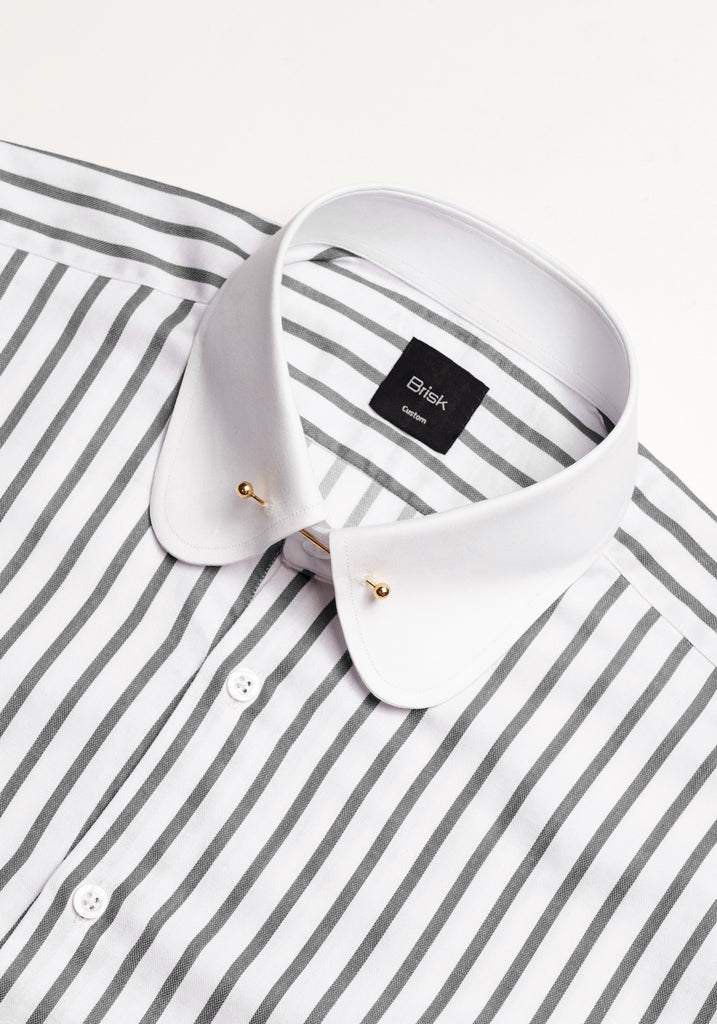 Charcoal Wide Stripes Soft Textured Pima Cotton - White Club Pin Collar