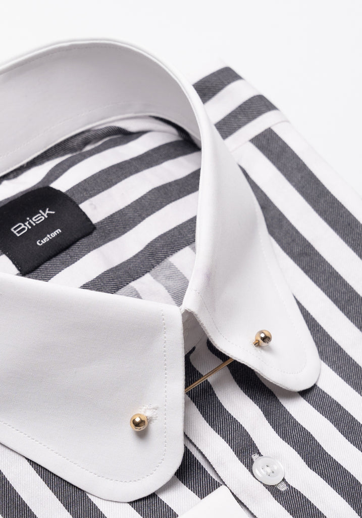 Charcoal Bold Twill Stripes Pima Cotton Shirt - White Club Golden Pin Collar & French Cuffs