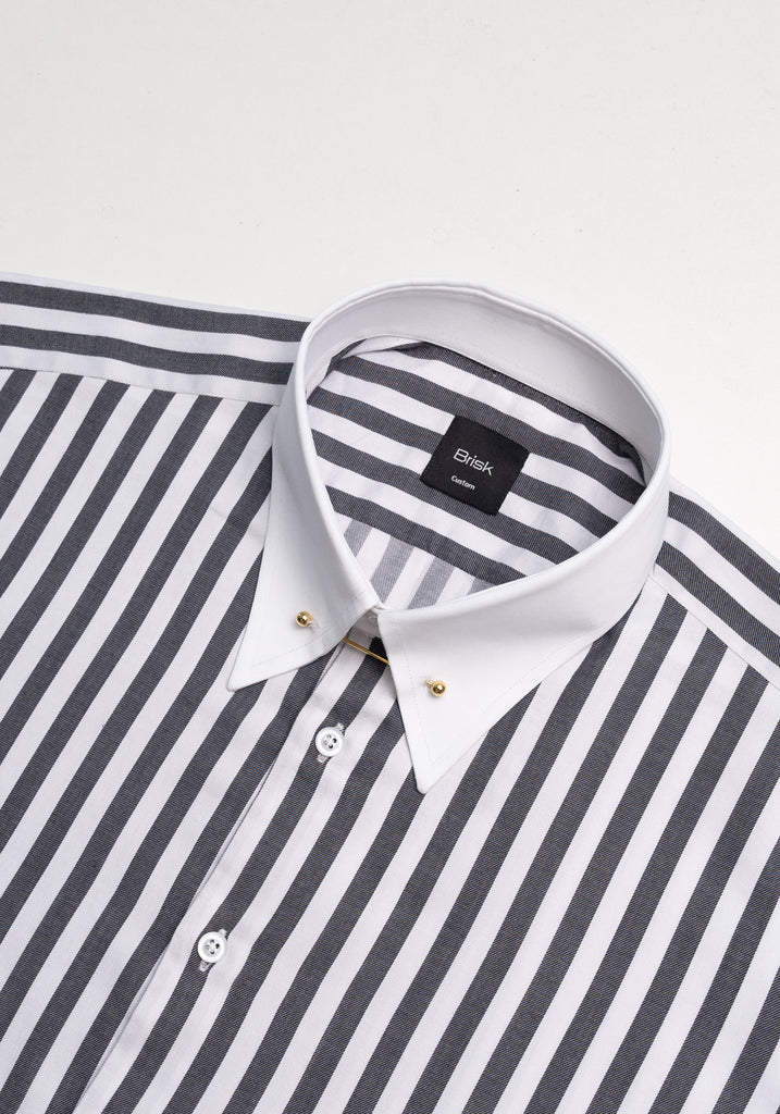 Charcoal Bold Twill Stripes Pima Cotton Shirt - White Classic Golden Pin Collar & French Cuffs
