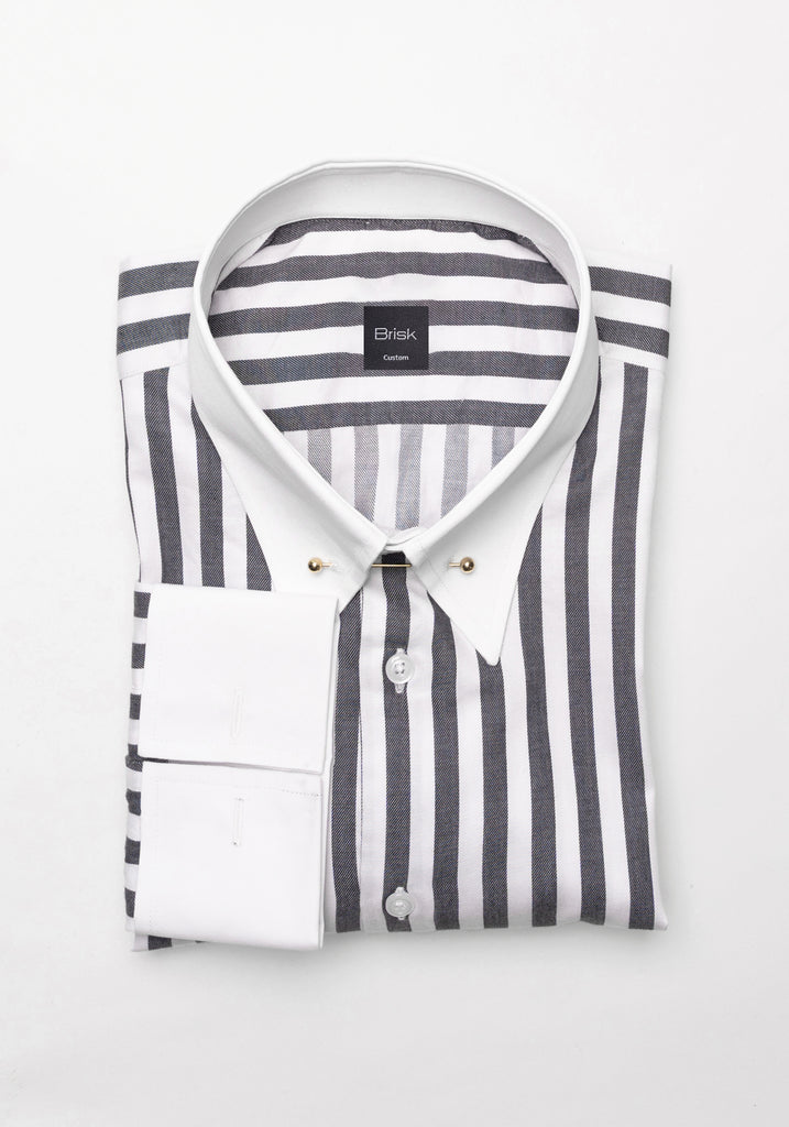 Charcoal Bold Twill Stripes Pima Cotton Shirt - White Classic Golden Pin Collar & French Cuffs