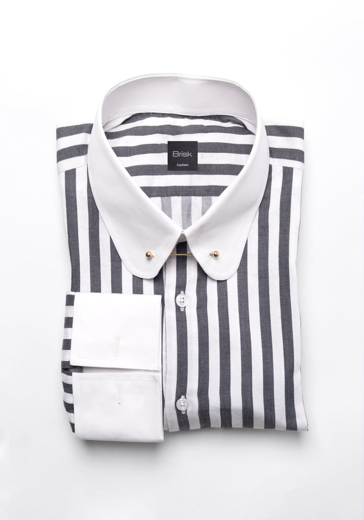 Charcoal Bold Twill Stripes Pima Cotton Shirt - White Club Golden Pin Collar & French Cuffs