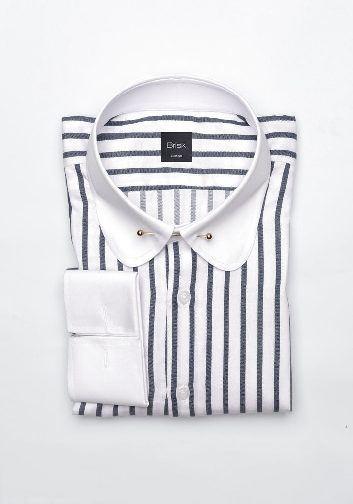 Charcoal Wide Stripes Soft Textured Pima Cotton - White Club Pin Collar
