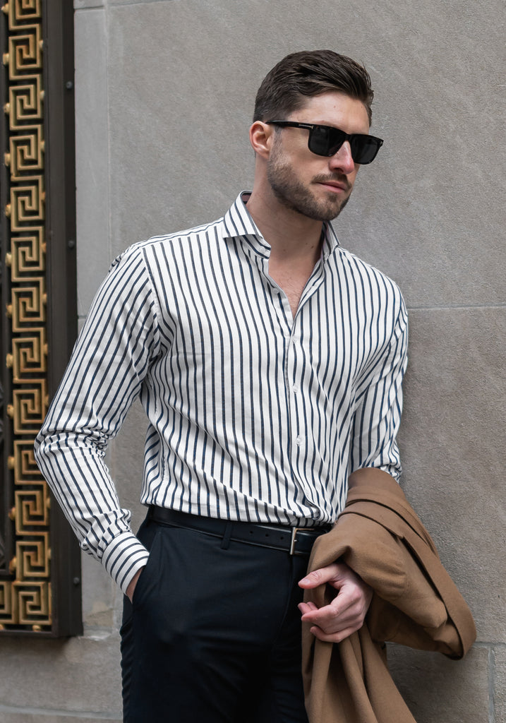 Charcoal Wide Stripes Soft Textured Pima Cotton Shirt - Cutaway Extreme Collar