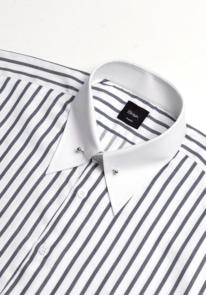 Charcoal Wide Stripes Soft Textured Pima Cotton Shirt - White Classic Silver Pin Collar