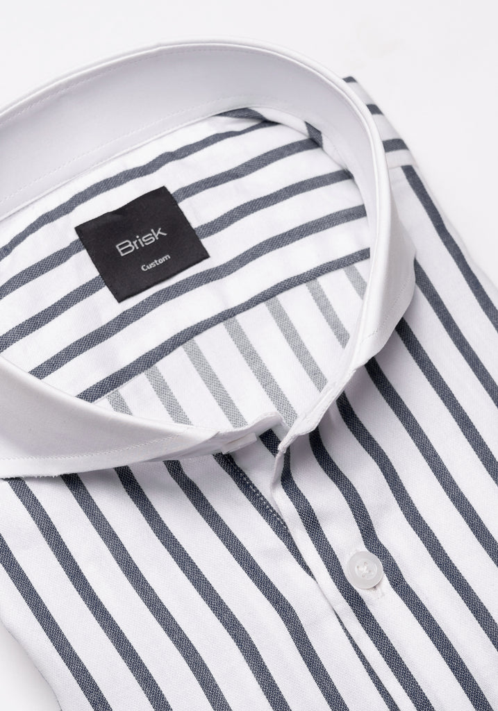 Charcoal Wide Stripes Soft Textured Pima Cotton Shirt - White Cutaway Extreme Collar