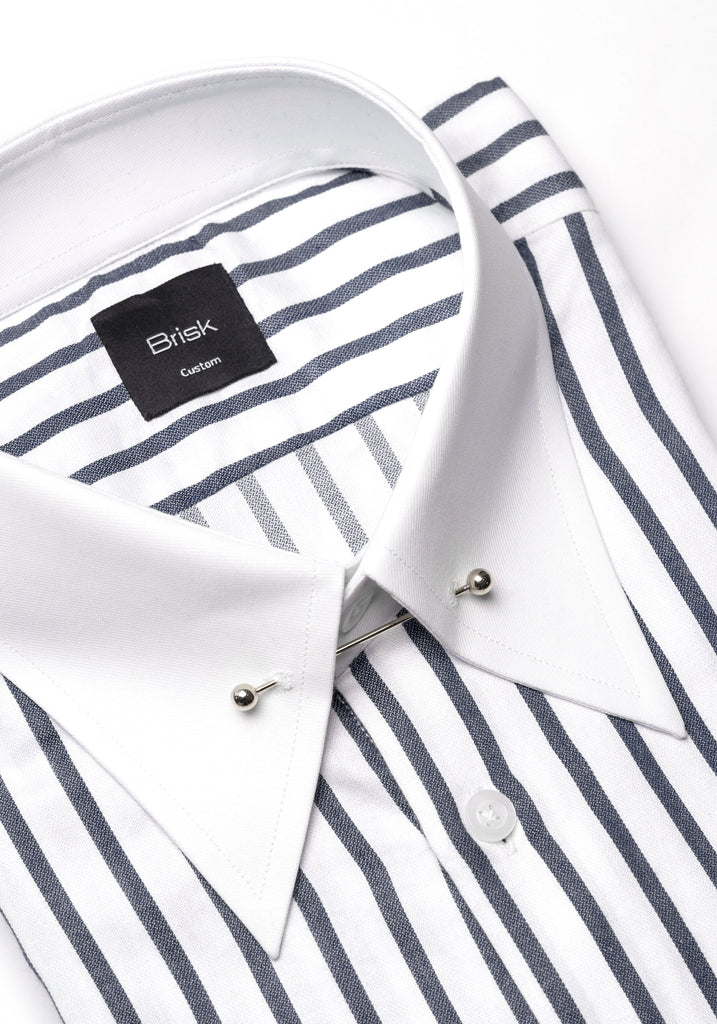 Charcoal Wide Stripes Soft Textured Pima Cotton Shirt - White Classic Silver Pin Collar