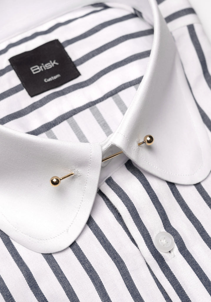 Charcoal Wide Stripes Soft Textured Pima Cotton - White Club Pin Collar