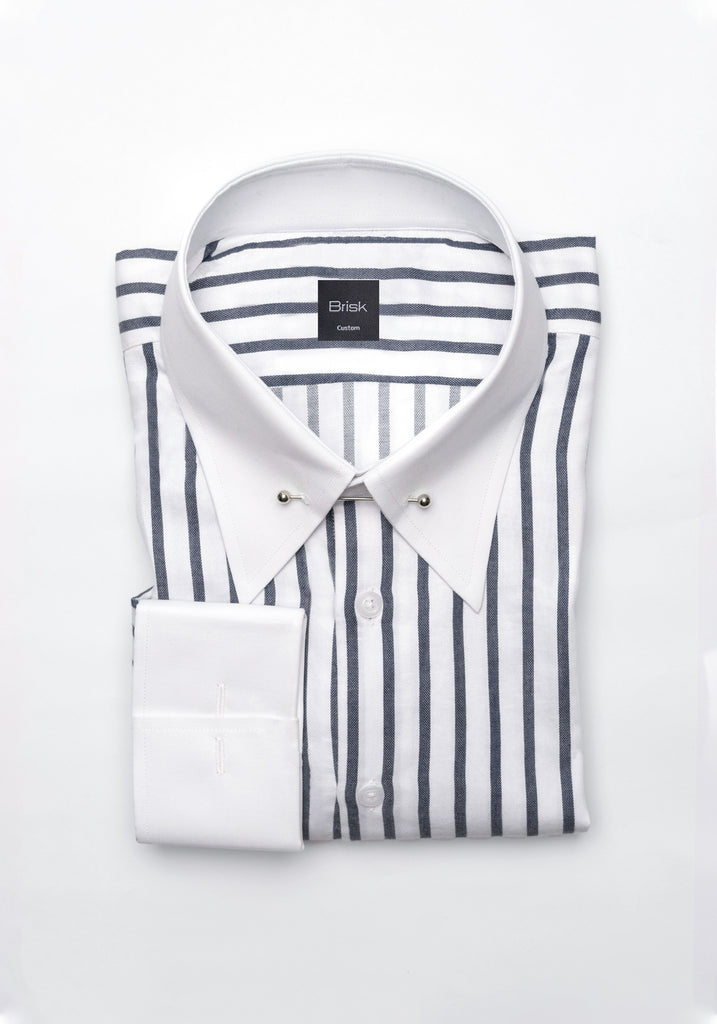 Charcoal Wide Stripes Soft Textured Pima Cotton Shirt - White Classic Silver Pin Collar