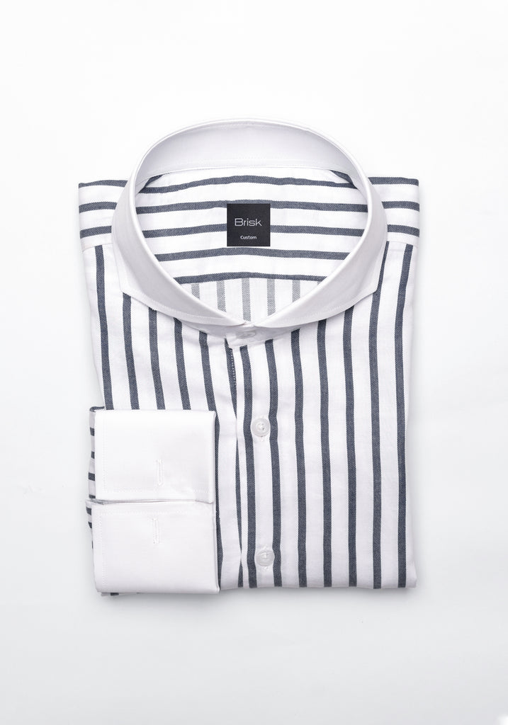 Charcoal Wide Stripes Soft Textured Pima Cotton Shirt - White Cutaway Extreme Collar