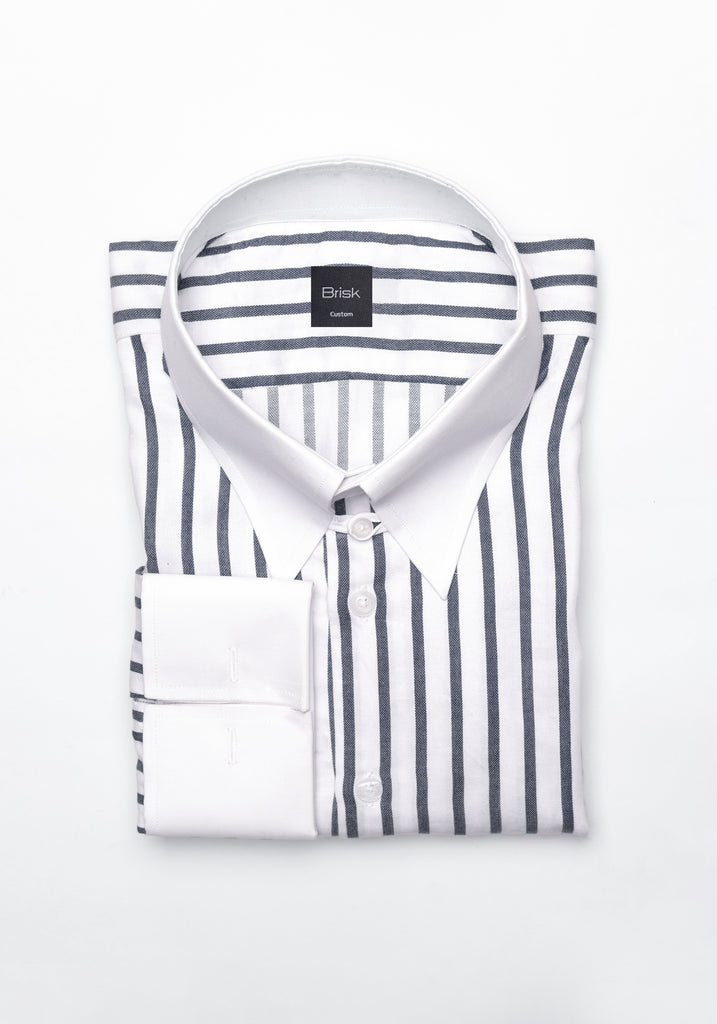 Charcoal Wide Stripes Soft Textured Pima Cotton Shirt - White Tab Collar