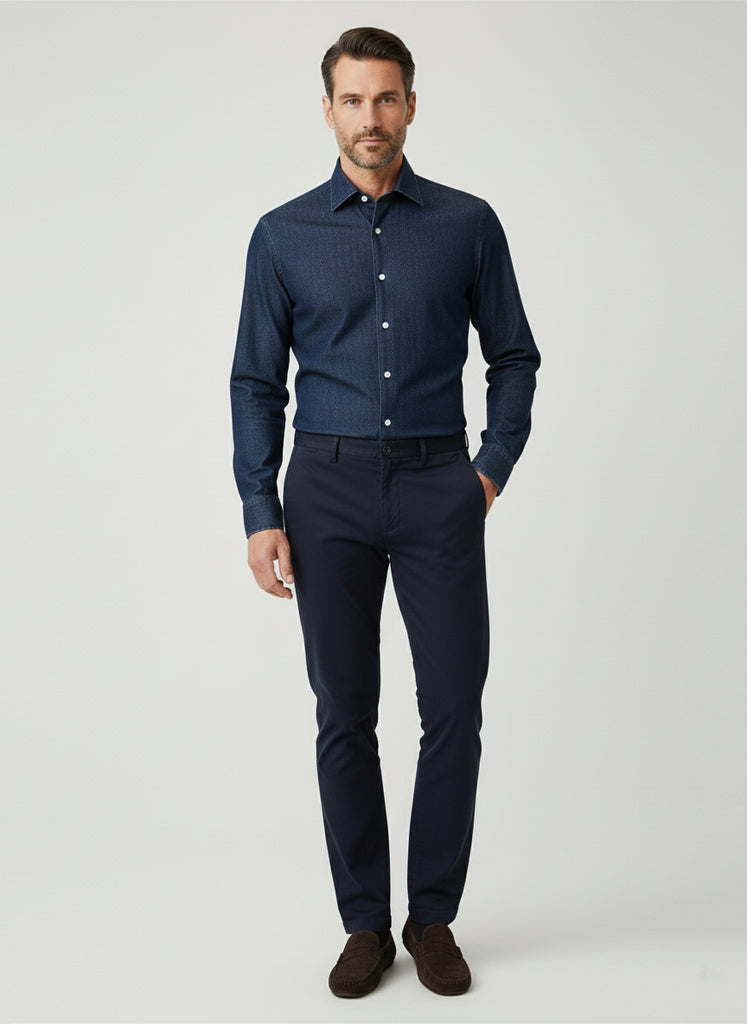 Denim Dark Indigo Wash Stretch Shirt  - Classic Collar