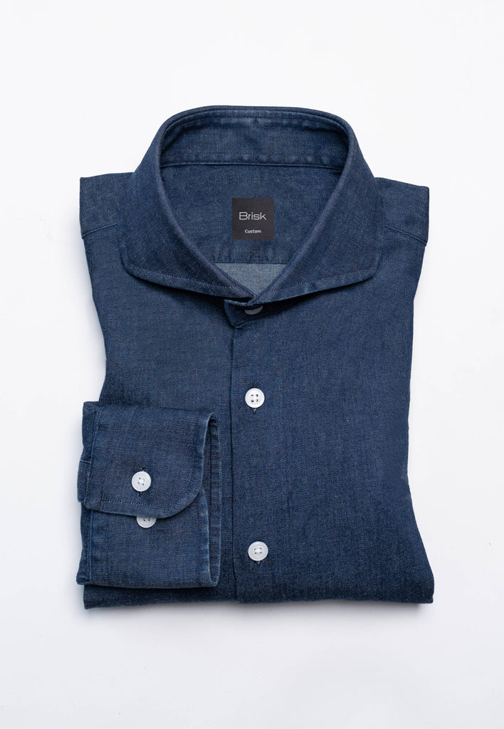 Denim Dark Indigo Wash Stretch Shirt  - Cutaway Extreme Collar