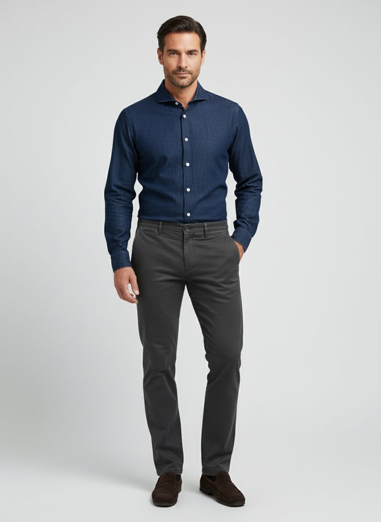Denim Dark Indigo Wash Stretch Shirt  - Cutaway Extreme Collar