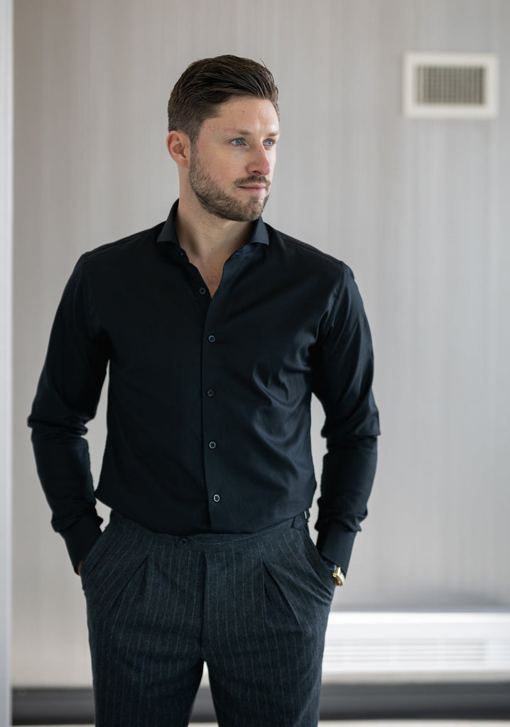 Jet Black Twill Pima Cotton Shirt - Cutaway Extreme Collar