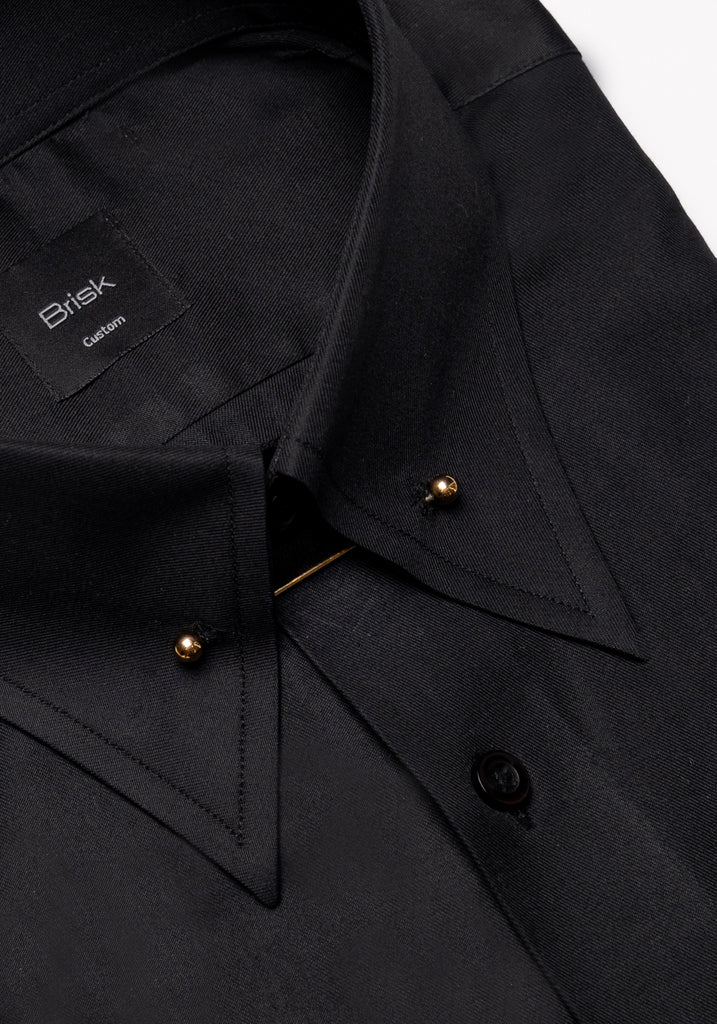Jet Black Twill Pima Cotton Shirt - High Classic Collar With Pin
