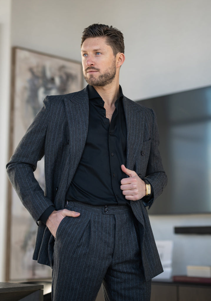 Jet Black Twill Pima Cotton Shirt - Cutaway Extreme Collar