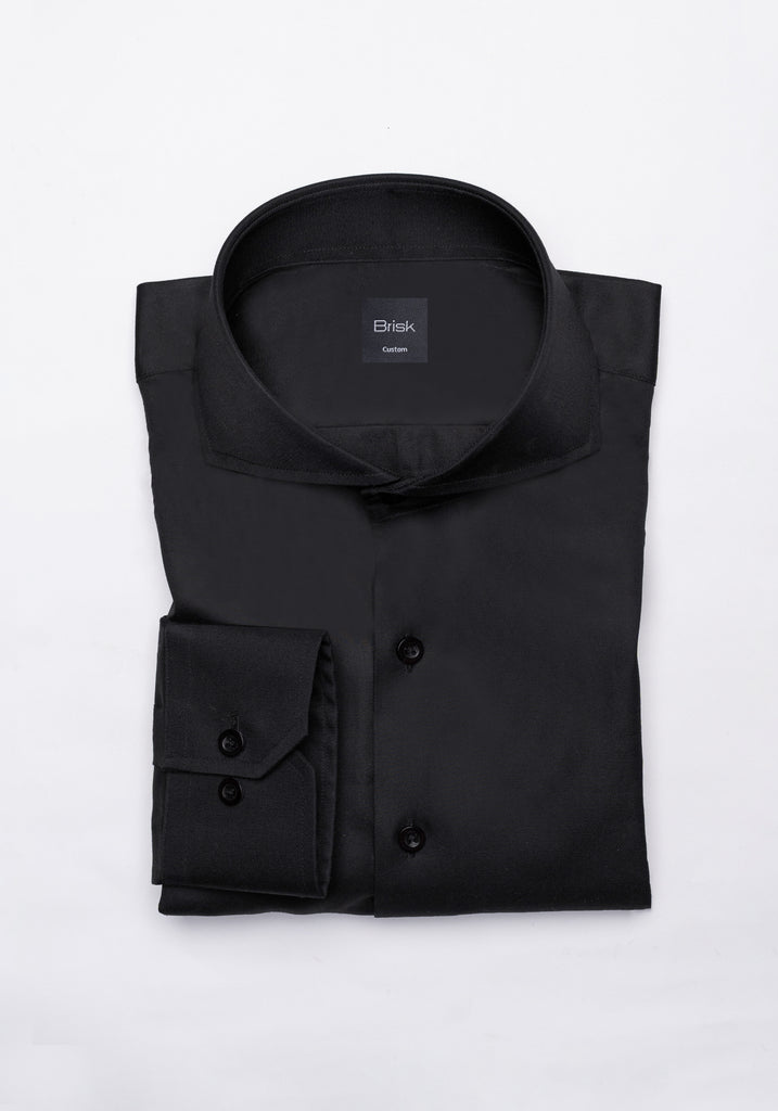 Jet Black Twill Pima Cotton Shirt - Cutaway Extreme Collar