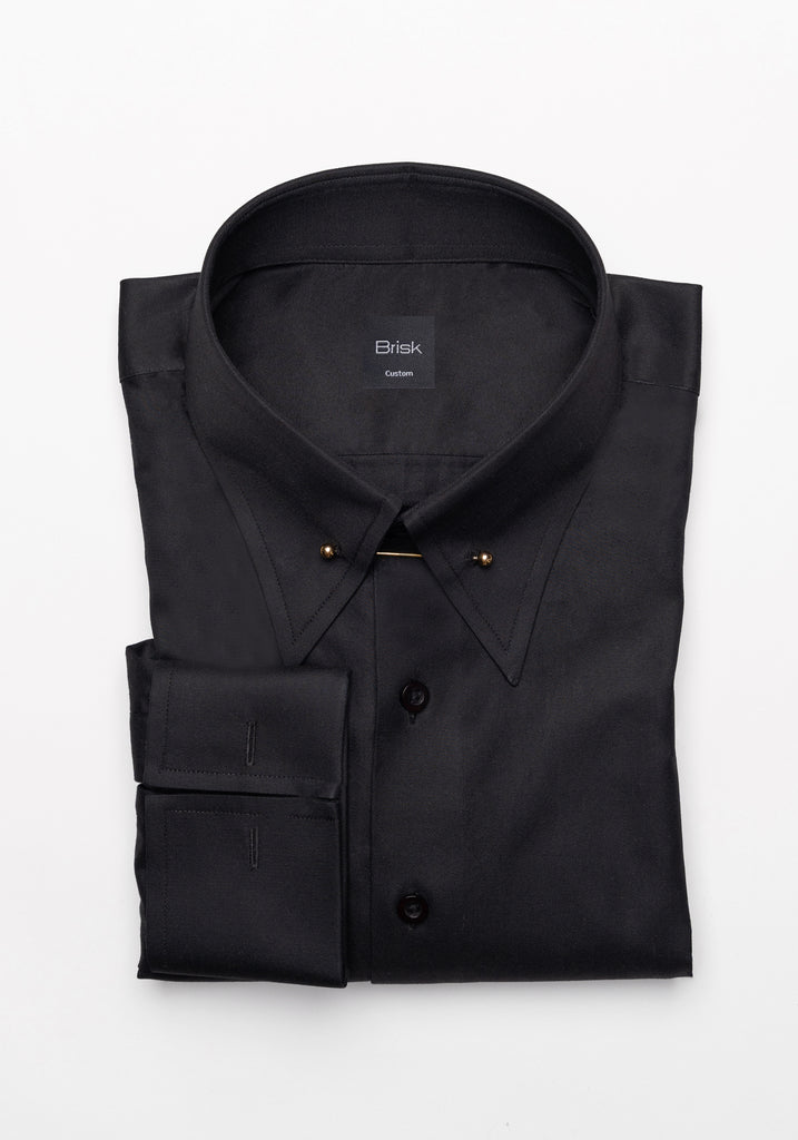 Jet Black Twill Pima Cotton Shirt - High Classic Collar With Pin