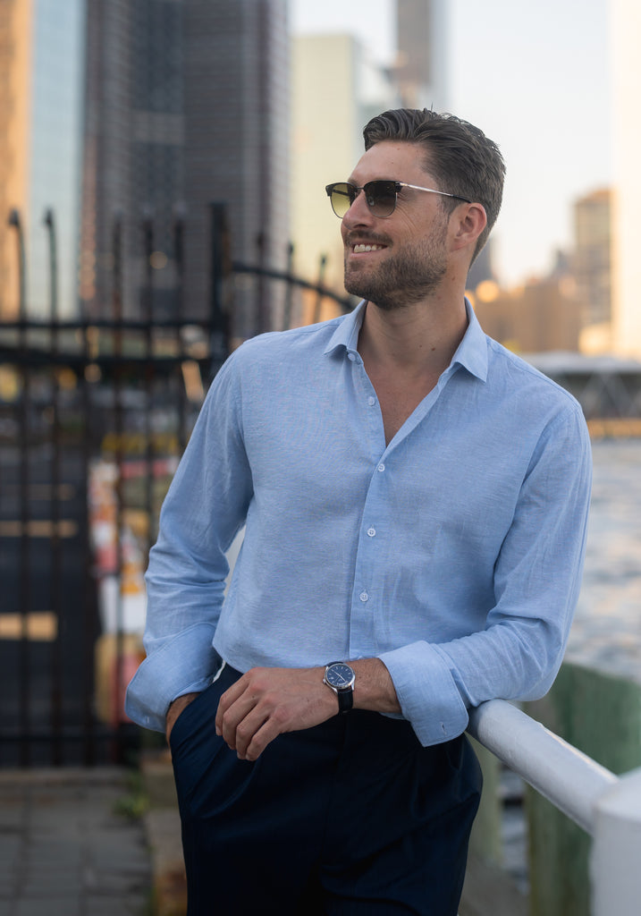 Light Blue Cotton-Linen Shirt - Cutaway Classic Collar