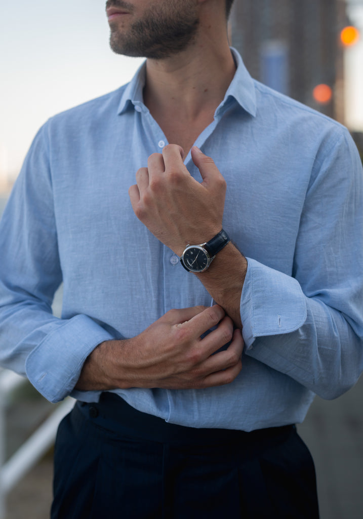 Light Blue Cotton-Linen Shirt - Cutaway Classic Collar