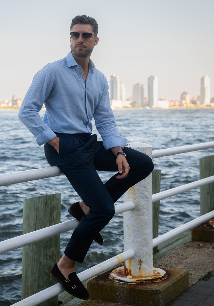 Light Blue Cotton-Linen Shirt - Cutaway Classic Collar