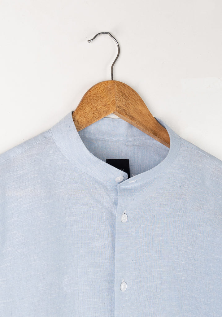 Light Blue Cotton-Linen Shirt - Band Collar