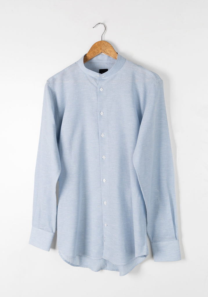 Light Blue Cotton-Linen Shirt - Band Collar