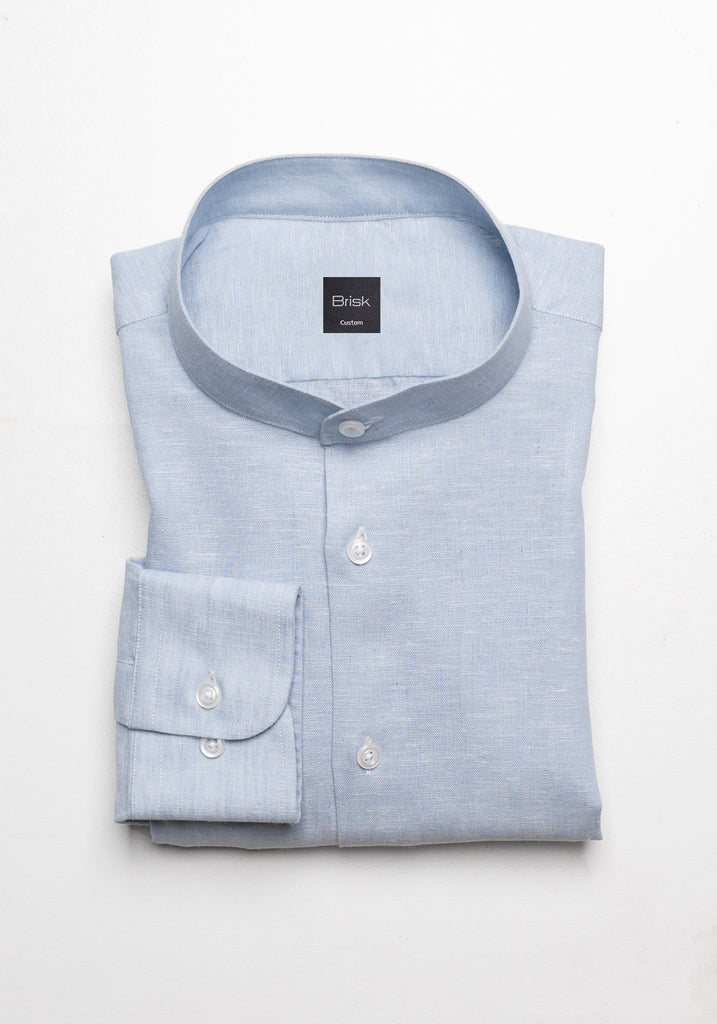 Light Blue Cotton-Linen Shirt - Band Collar