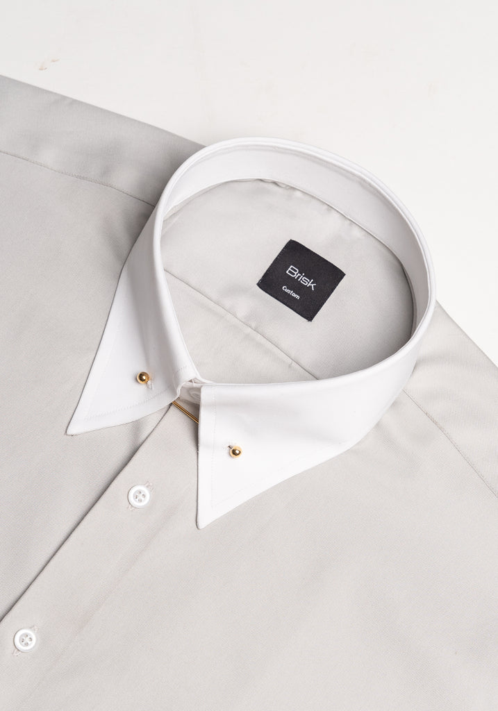 Light Grey Twill Pima Cotton - White Low Classic Golden Pin Collar