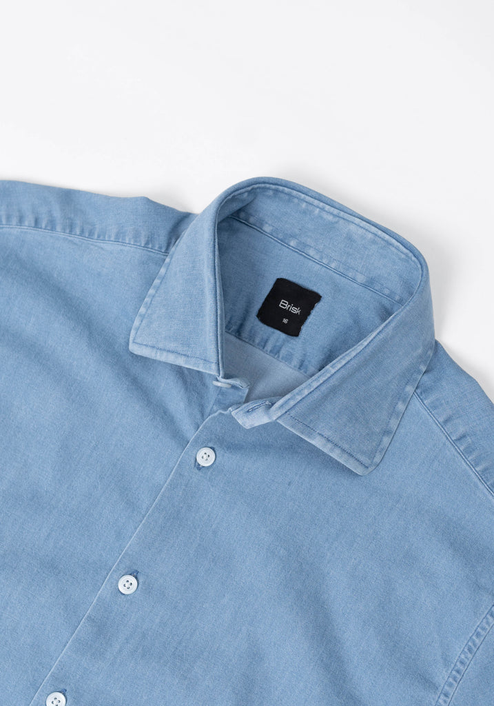 Light Wash Denim Stretch Shirt  - Classic Collar