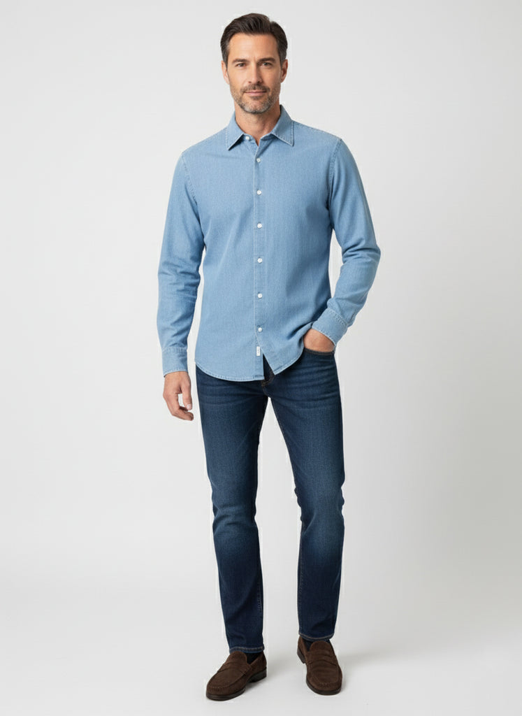Light Wash Denim Stretch Shirt  - Classic Collar