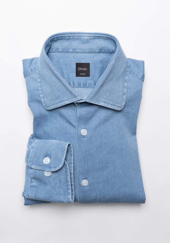 Light Wash Denim Stretch Shirt  - Classic Collar