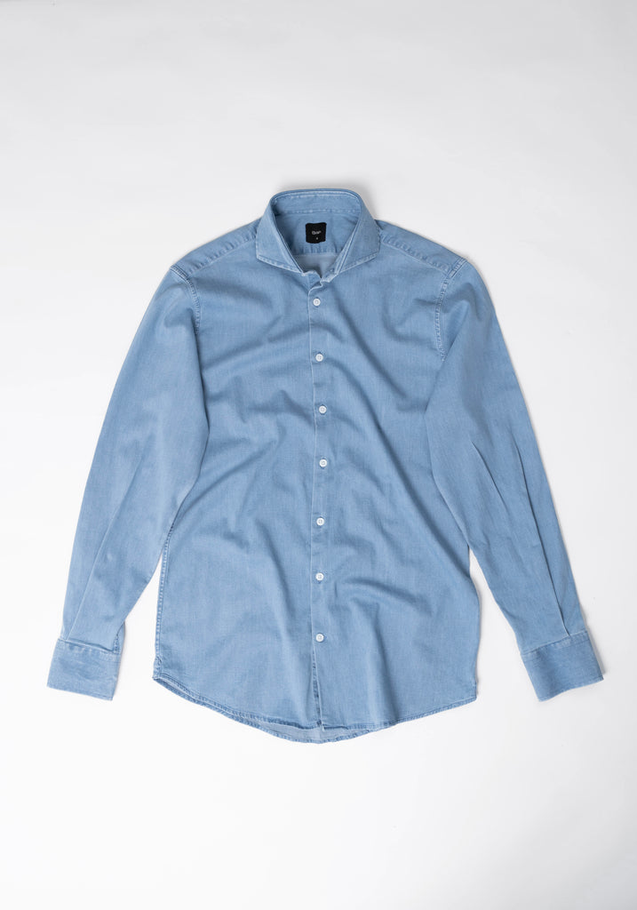Light Wash Denim Stretch Shirt  - Cutaway Extreme Collar