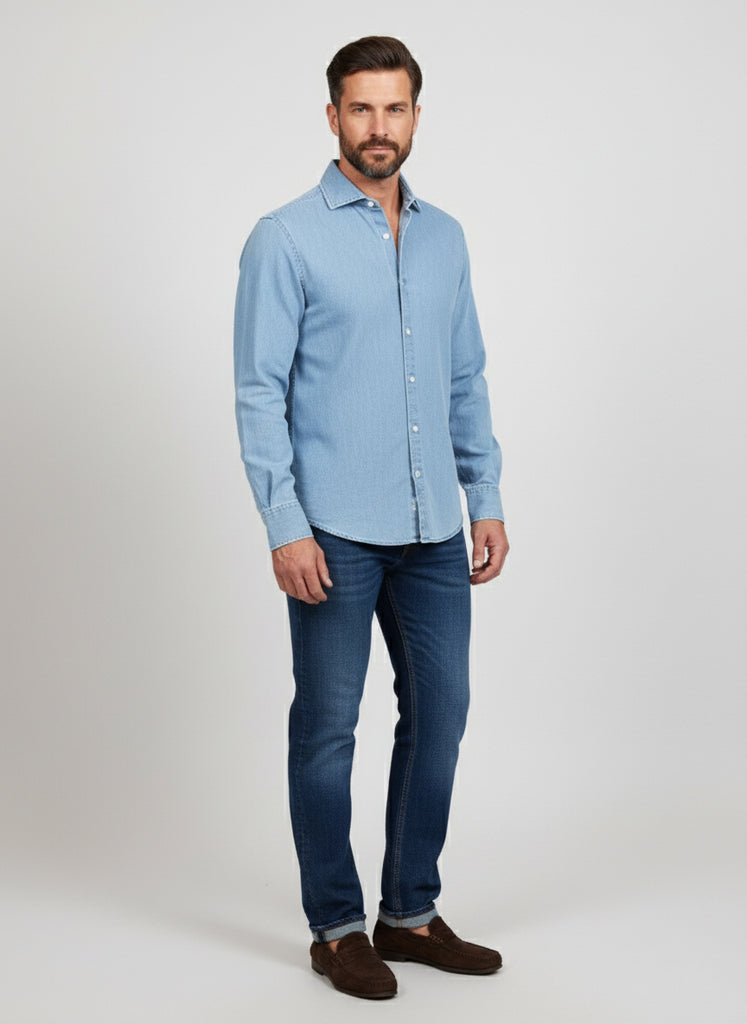 Light Wash Denim Stretch Shirt  - Cutaway Extreme Collar