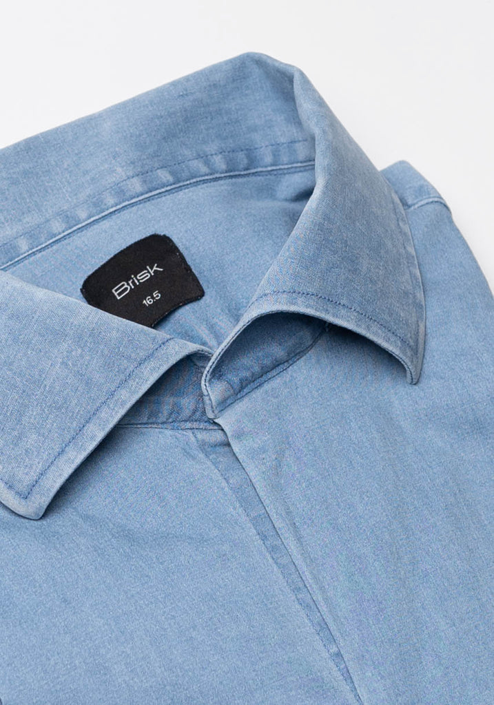 Light Wash Denim Stretch Shirt - One Piece Collar