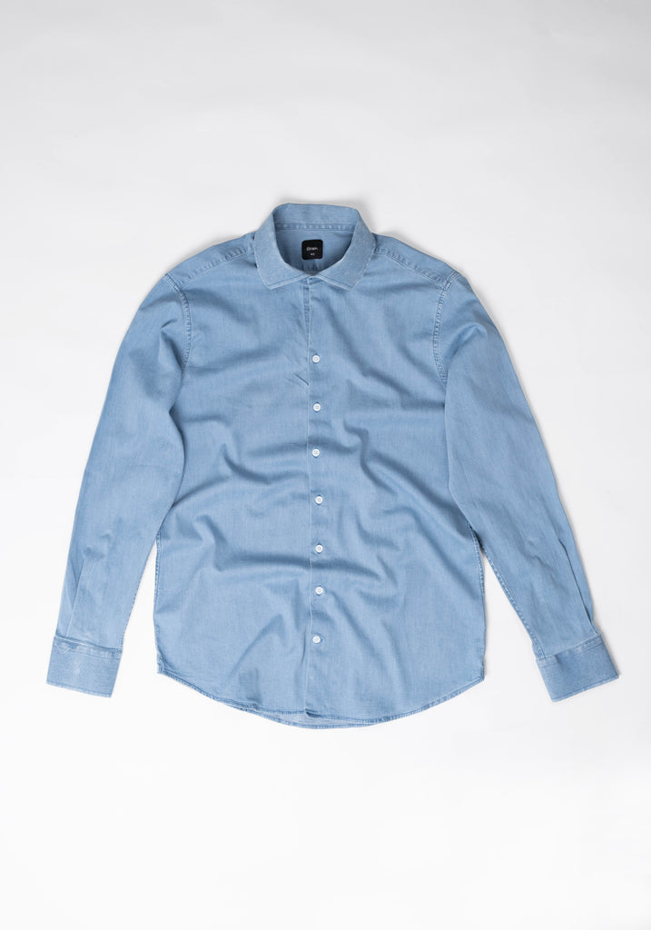 Light Wash Denim Stretch Shirt - One Piece Collar