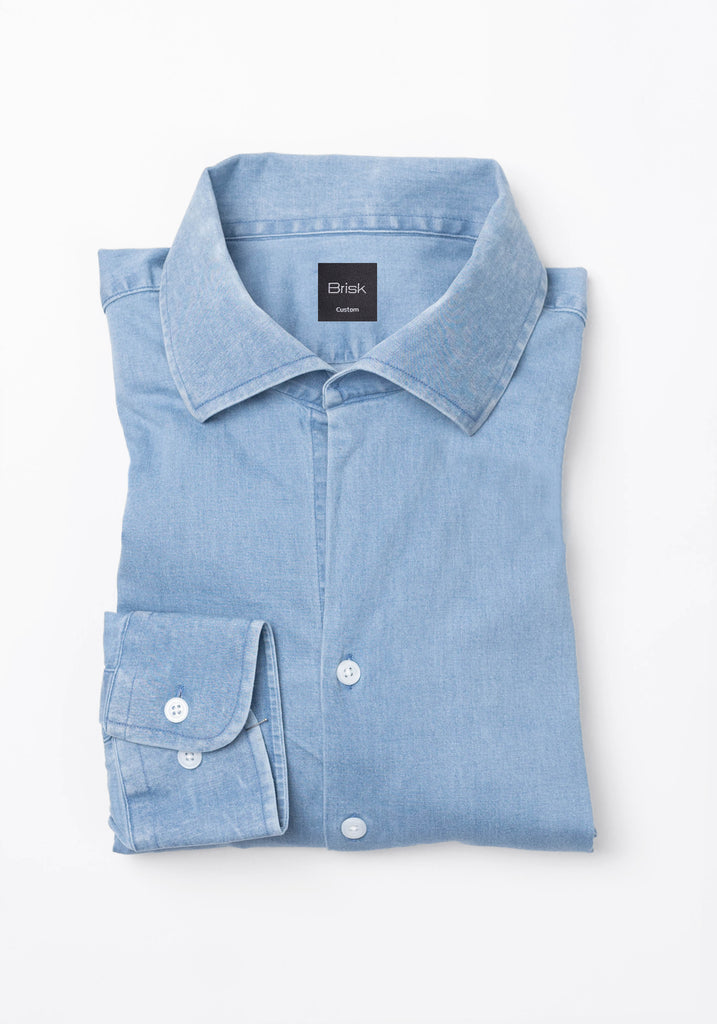 Light Wash Denim Stretch Shirt - One Piece Collar