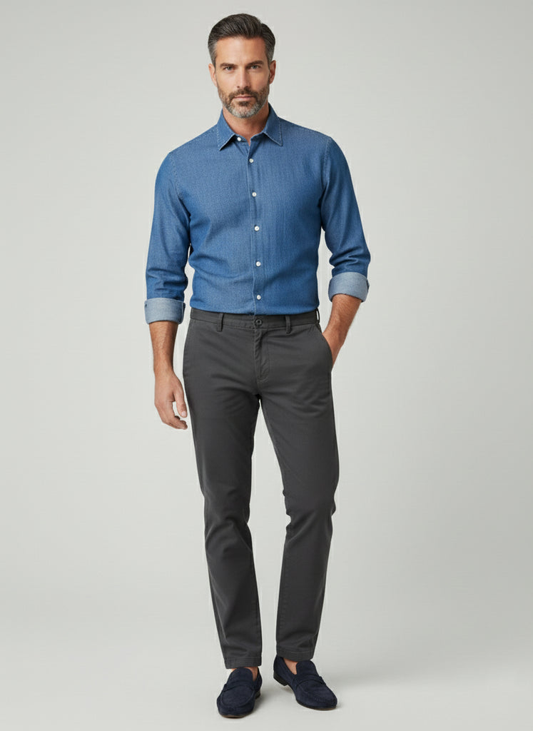 Medium Dark Denim Stretch Shirt  - Classic Collar