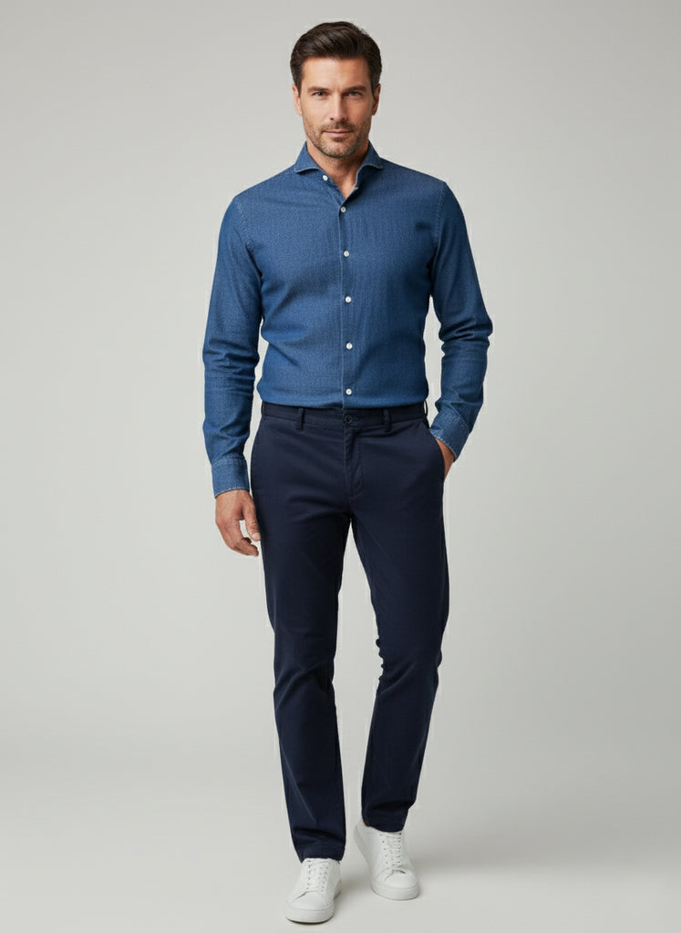 Medium Dark Denim Stretch Shirt  - Cutaway Extreme Collar