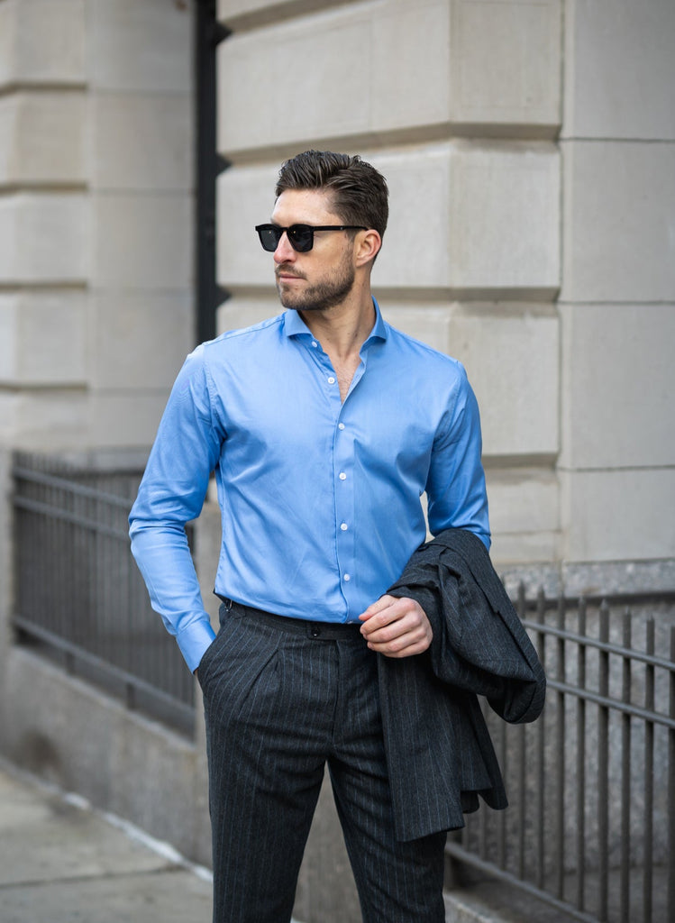 Mid Blue Twill Pima Cotton Shirt - Cutaway Extreme Collar