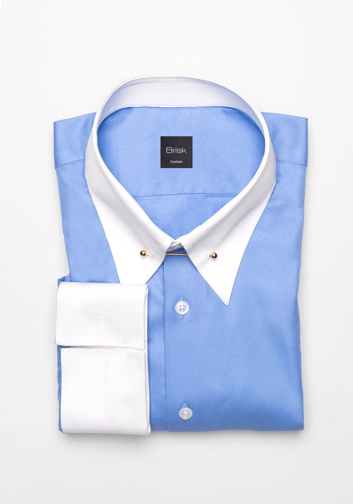 Mid Blue Twill Pima Cotton Shirt - White Low Classic Golden Pin Collar