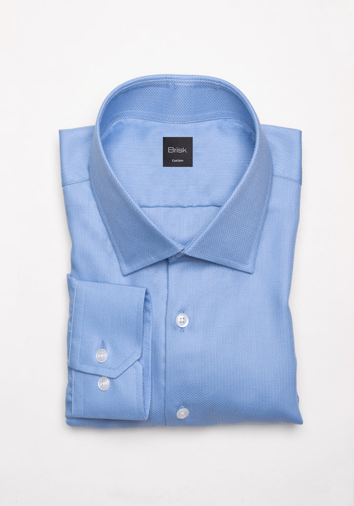 Mid Blue Mini Herringbone Shirt - Cutaway Classic Collar