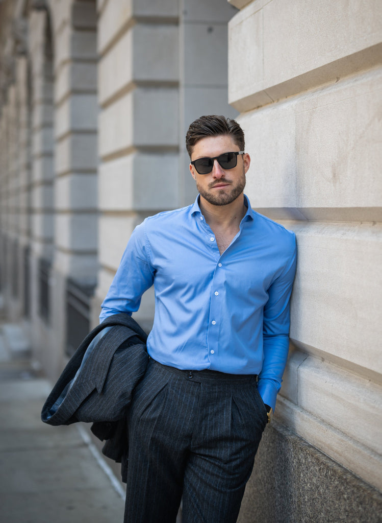 Mid Blue Twill Pima Cotton Shirt - Cutaway Extreme Collar