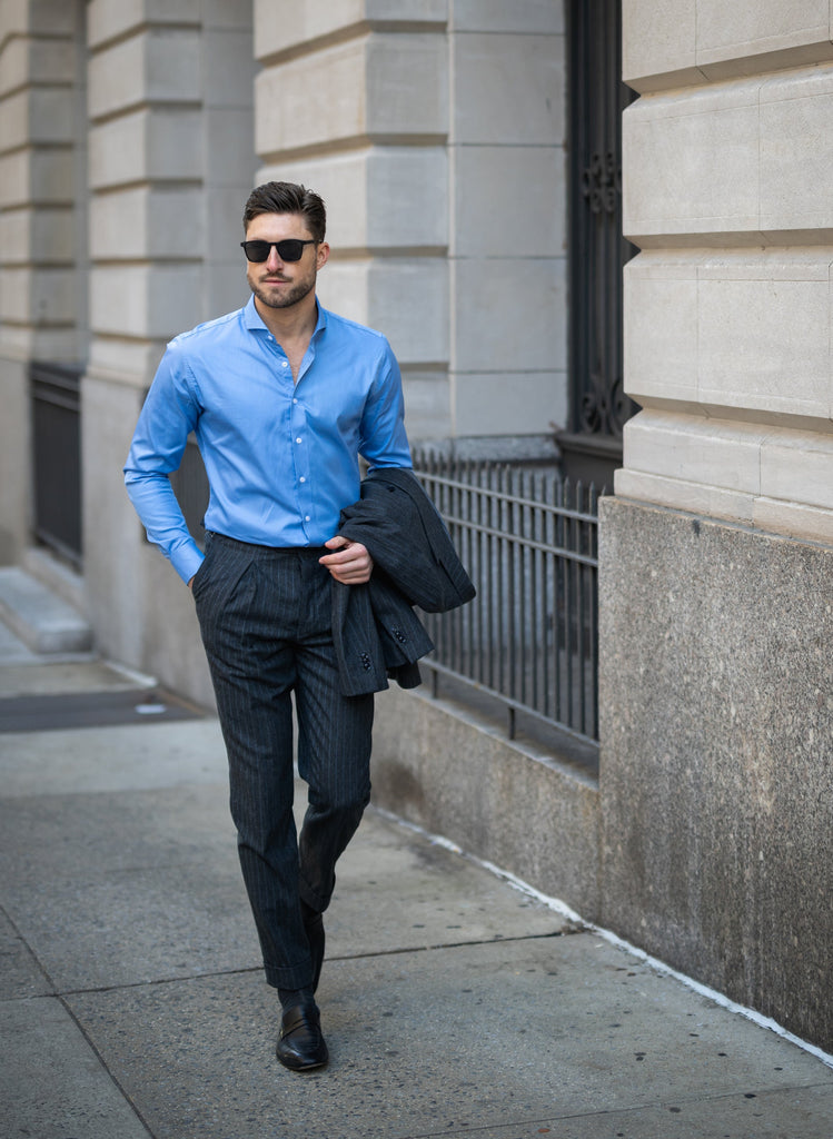 Mid Blue Twill Pima Cotton Shirt - Cutaway Extreme Collar