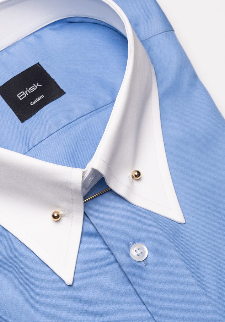 Mid Blue Twill Pima Cotton Shirt - White Low Classic Golden Pin Collar